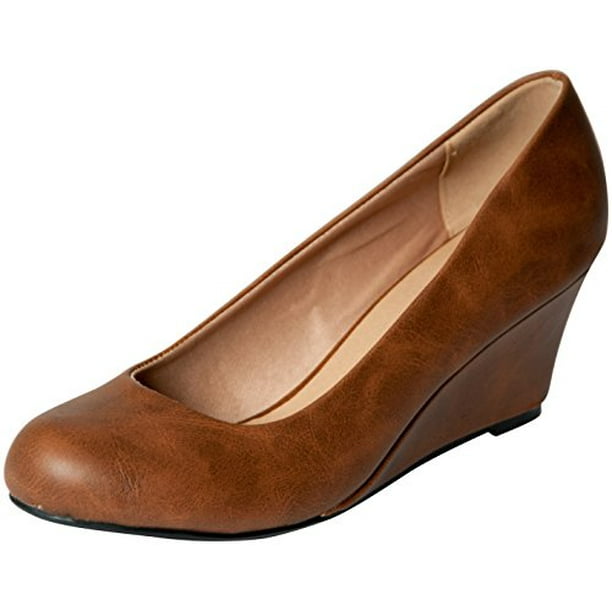 Forever Link Womens DORIS-23 Faux Leather Mid Heel Round Toe Wedge Pumps
